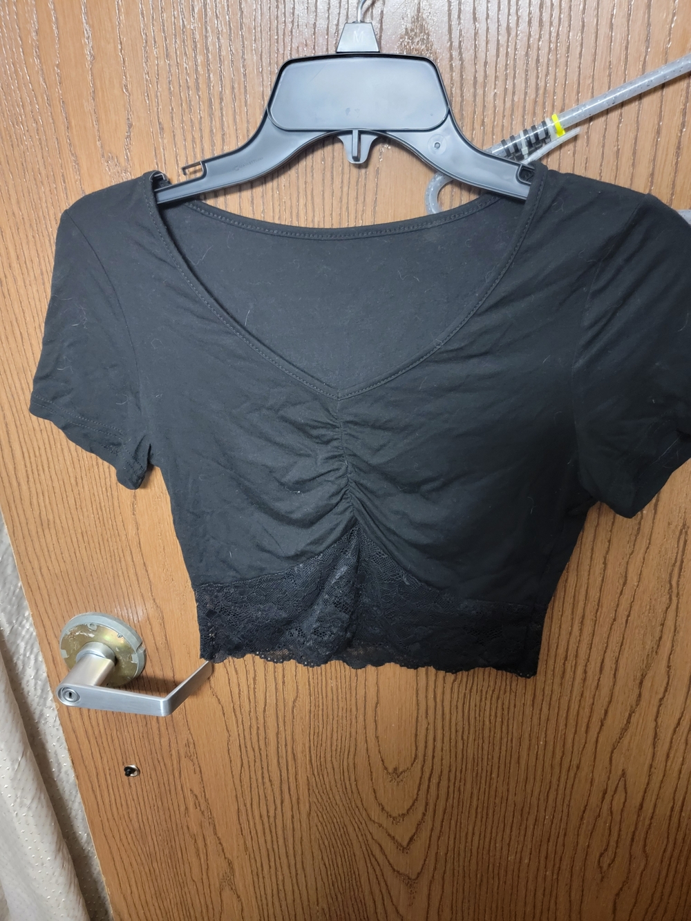 SHEIN Black Ruched V-Neck Lace-Hem Crop Top